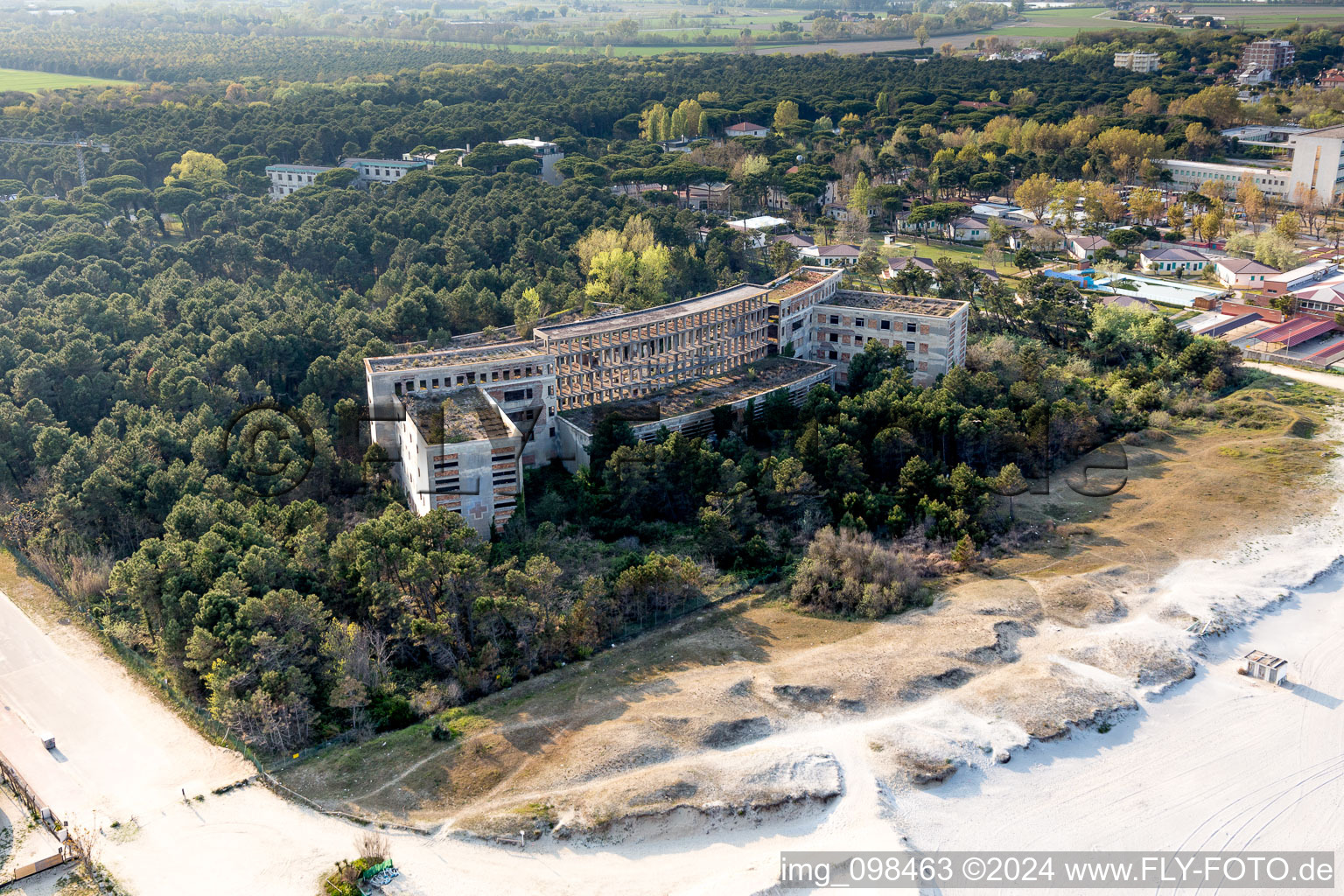 Oblique view of Former fascist holiday and recreational park for children "Colonia Varese" at the Adriatic coast in Milano Marittima in Cervia in Emilia-Romagna, Italy