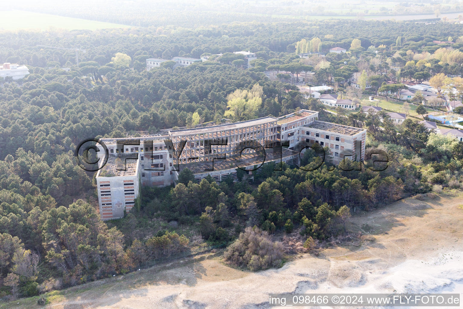 Former fascist holiday and recreational park for children "Colonia Varese" at the Adriatic coast in Milano Marittima in Cervia in Emilia-Romagna, Italy from above