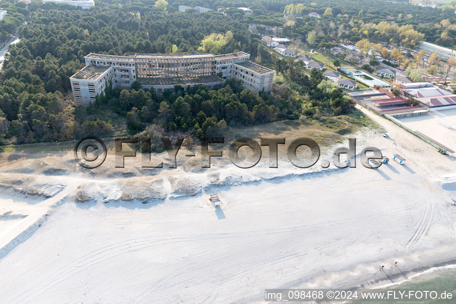 Former fascist holiday and recreational park for children "Colonia Varese" at the Adriatic coast in Milano Marittima in Cervia in Emilia-Romagna, Italy seen from above