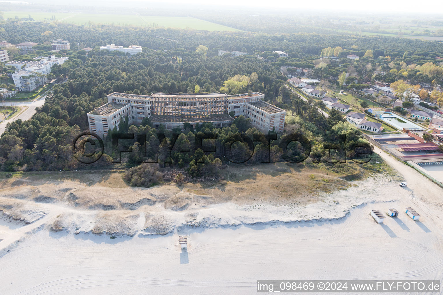 Former fascist holiday and recreational park for children "Colonia Varese" at the Adriatic coast in Milano Marittima in Cervia in Emilia-Romagna, Italy from the plane