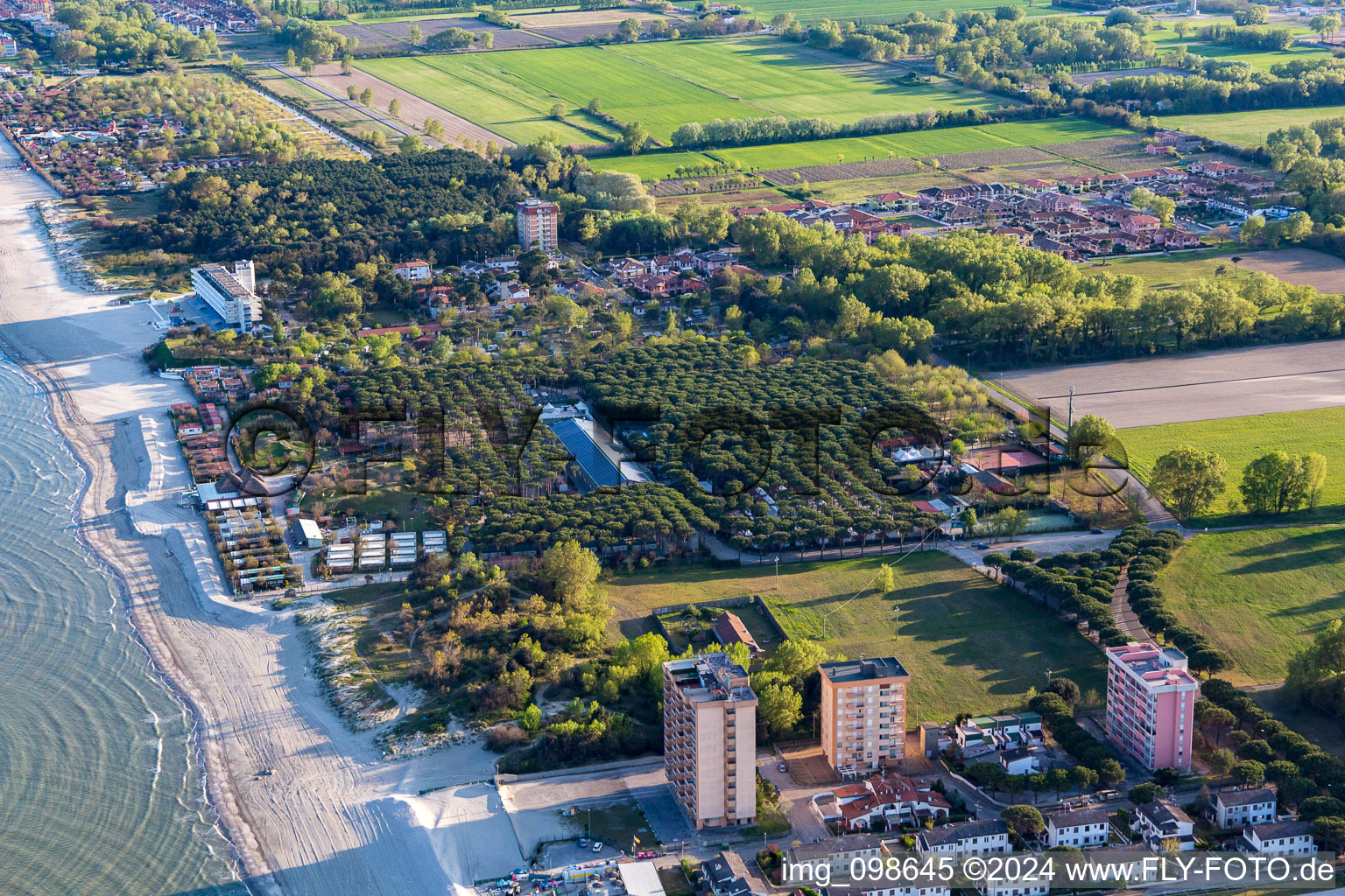 Aerial view of District Lido di Pomposa-Lido degli Scacchi in Comacchio in the state Ferrara, Italy