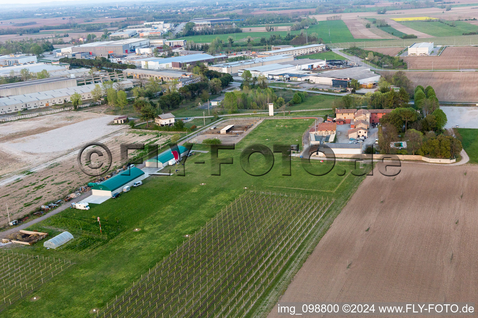 Aerial view of Runway with tarmac terrain of airfield Pista Aerei Leggeri in Codroipo in Friuli-Venezia Giulia, Italy