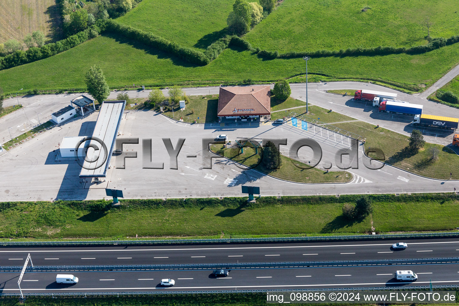Motorway service area Autogrill Gruaro Ovest on the edge of the course of highway A21 in La Sega, Gruaro in Venetien, Italy