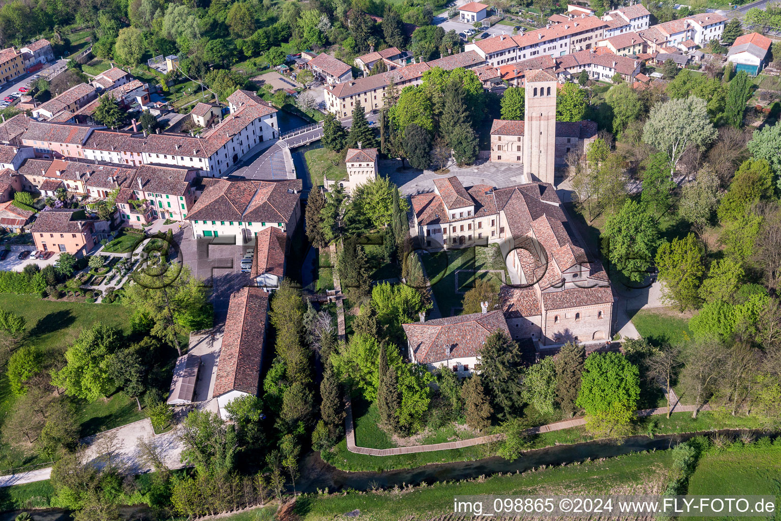 Aerial view of Church building of the cathedral of Abbazia di Santa Maria in Silvis in Sesto Al Reghena in Friuli-Venezia Giulia, Italy