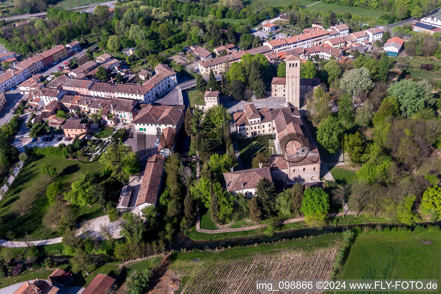 Aerial photograpy of Church building of the cathedral of Abbazia di Santa Maria in Silvis in Sesto Al Reghena in Friuli-Venezia Giulia, Italy