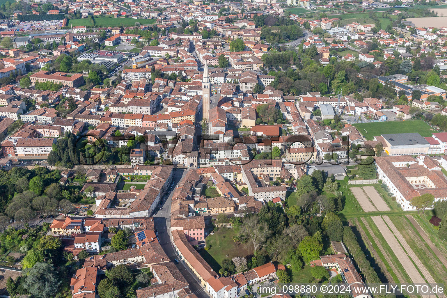 Aerial view of Town View of the streets and houses of the residential areas in San Vito al Tagliamento in Friuli-Venezia Giulia, Italy