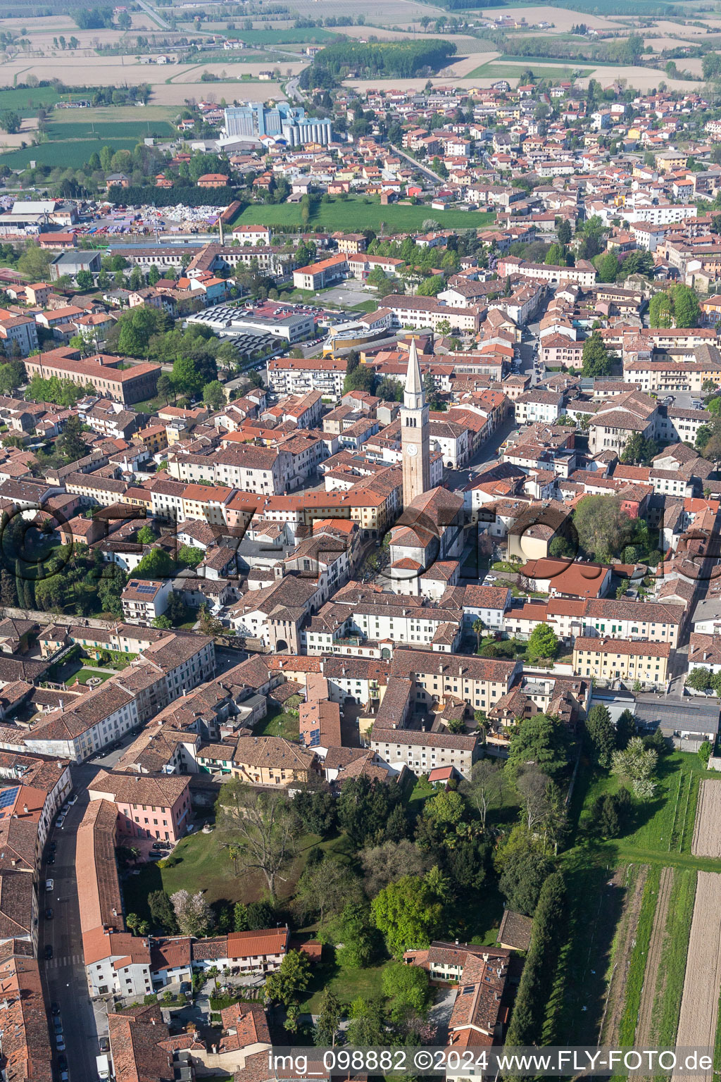 Aerial view of Church building of the cathedral of Duomo di San Vito Al Tagliamento in San Vito al Tagliamento in Friuli-Venezia Giulia, Italy