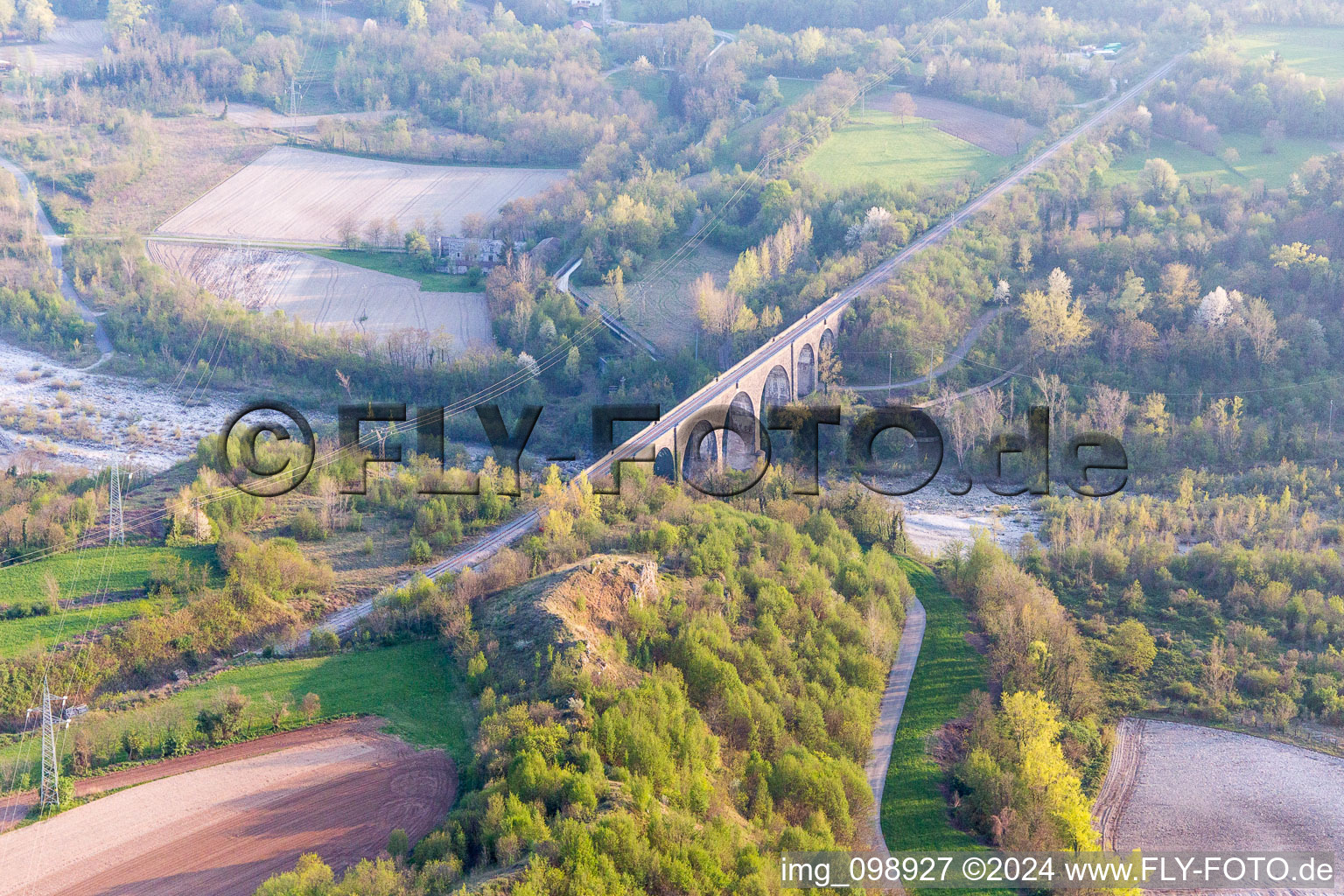 Viaduct of the railway bridge structure to route the railway tracks ver the tagliamento in Cavasso Nuovo in Friuli-Venezia Giulia, Italy