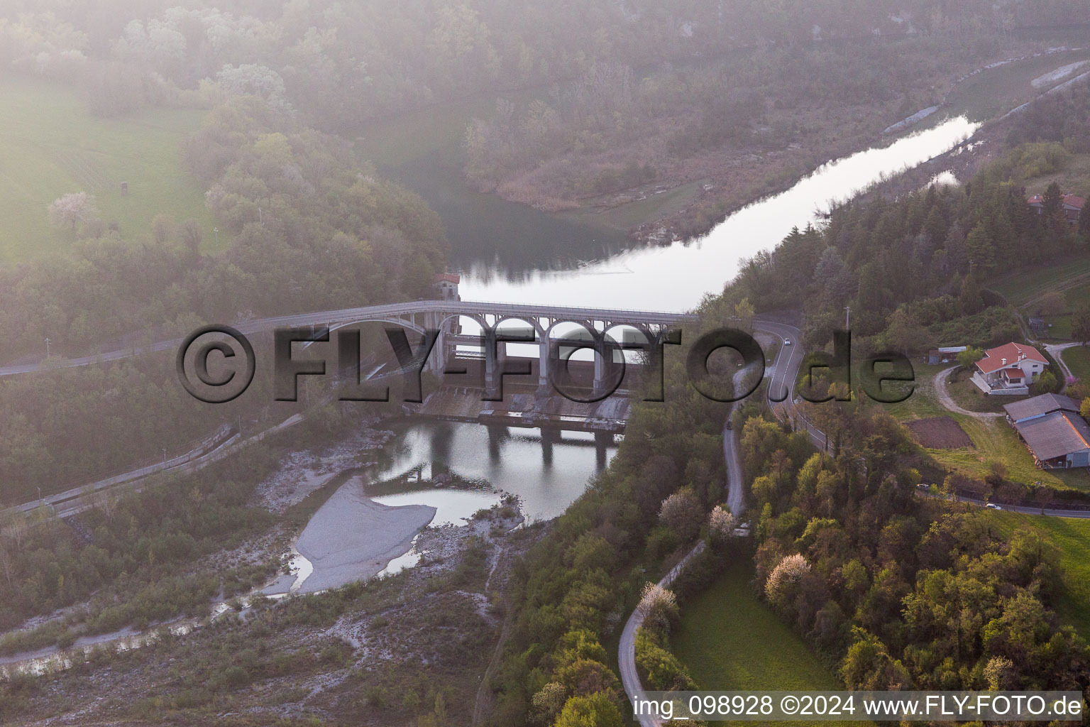 Aerial view of Viaduct of the railway bridge structure to route the railway tracks ver the tagliamento in Cavasso Nuovo in Friuli-Venezia Giulia, Italy