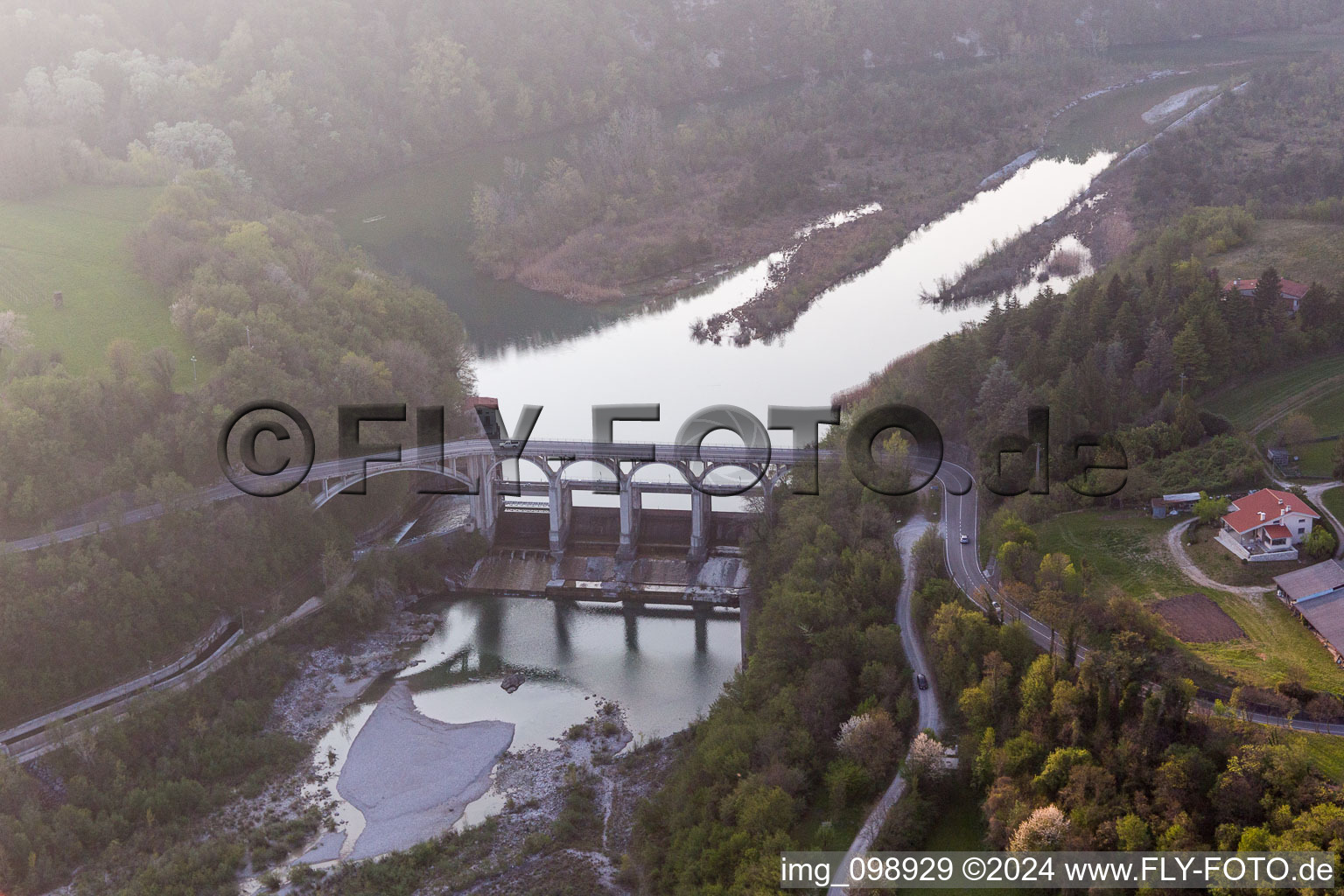 Aerial photograpy of Viaduct of the railway bridge structure to route the railway tracks ver the tagliamento in Cavasso Nuovo in Friuli-Venezia Giulia, Italy