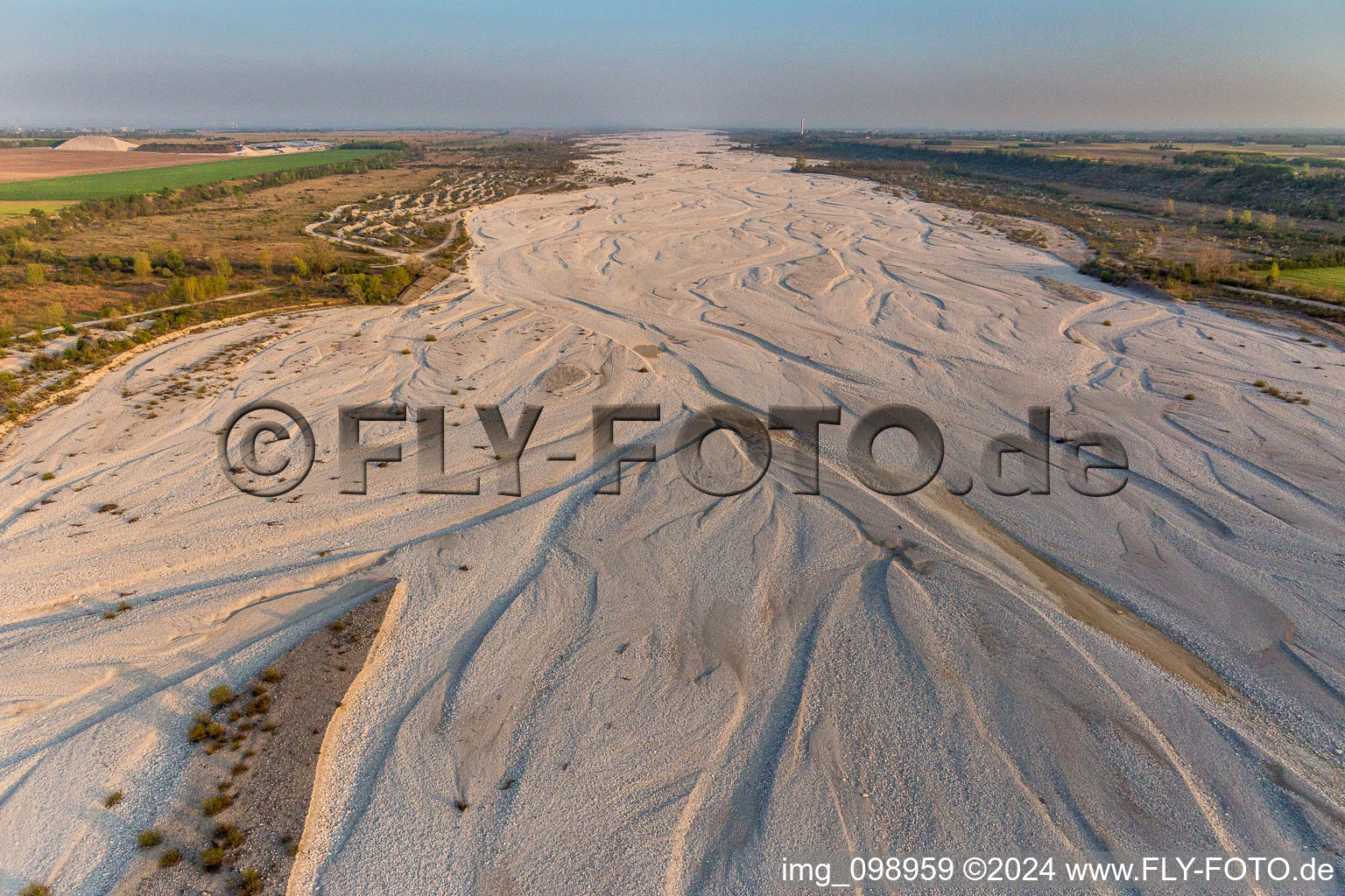 Shore areas exposed by low-water level riverbed of Tagliamento in Vajont in Friuli-Venezia Giulia, Italy