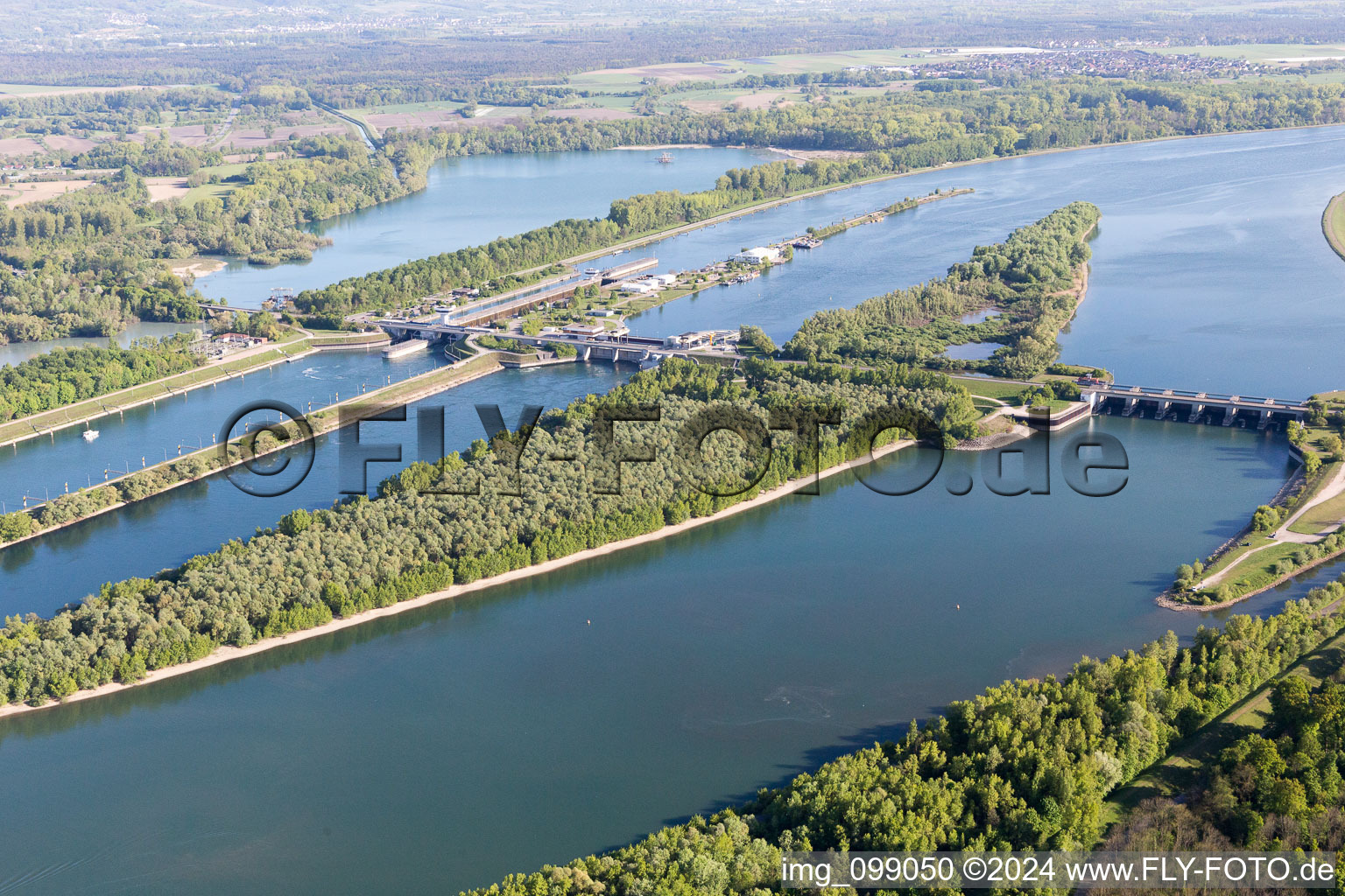 Aerial view of Iffezheim, lock in Roppenheim in the state Bas-Rhin, France