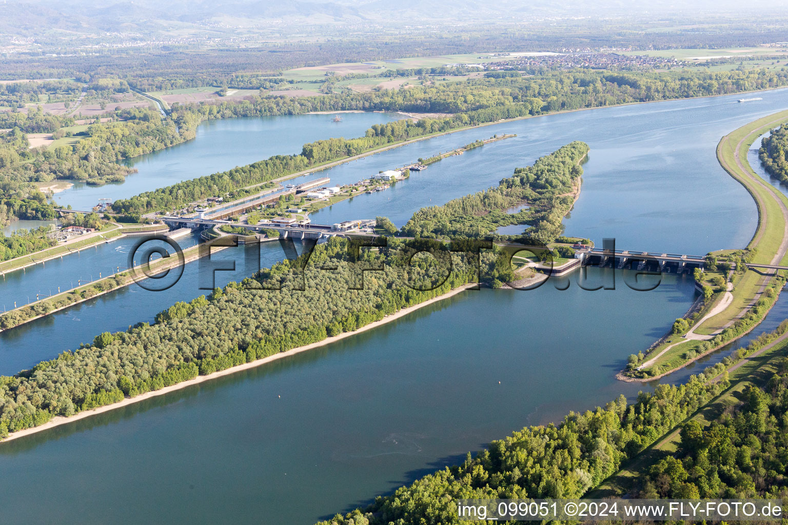 Aerial photograpy of Iffezheim, lock in Roppenheim in the state Bas-Rhin, France