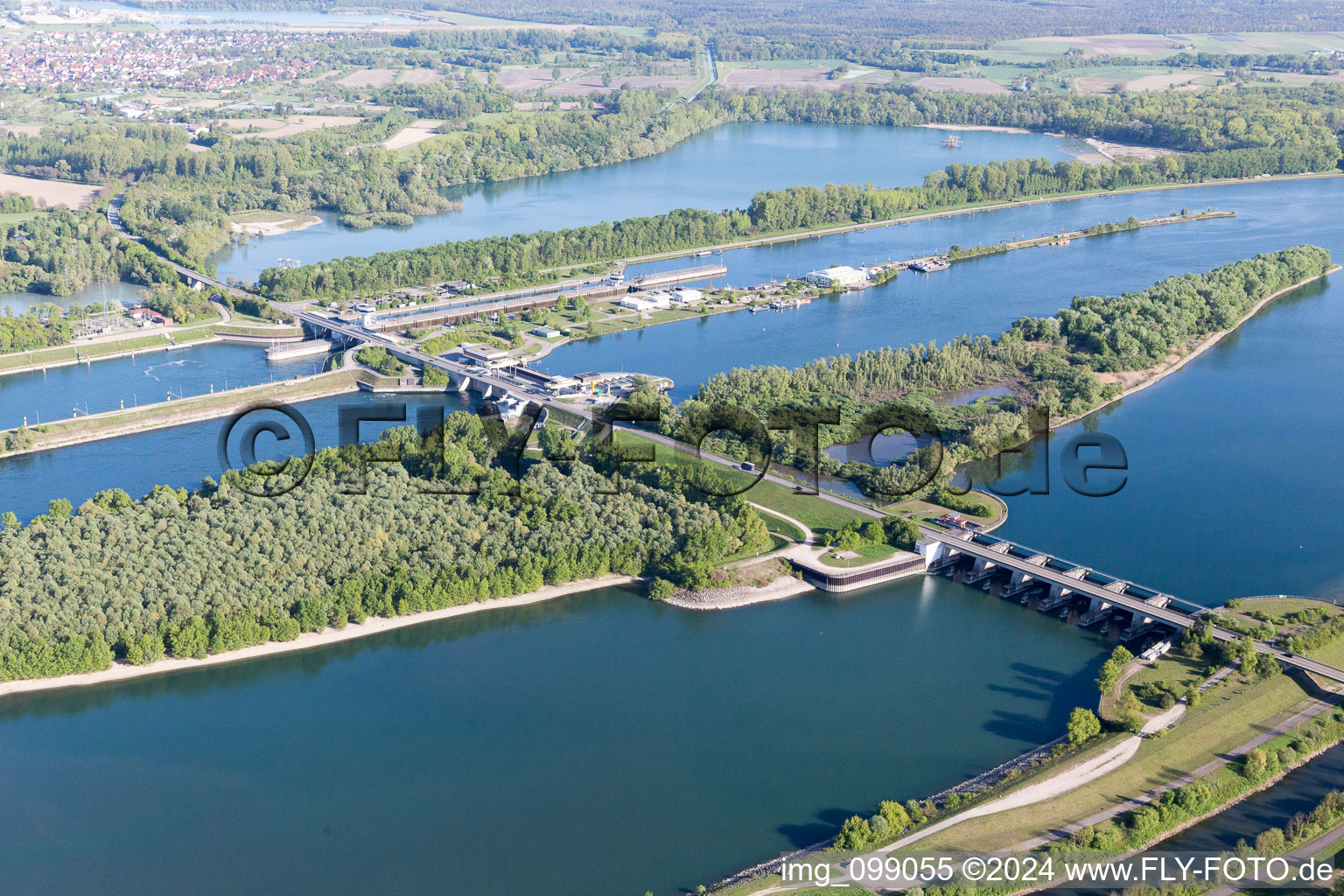 Aerial view of Rhine Lock Iffezheim in Roppenheim in the state Bas-Rhin, France