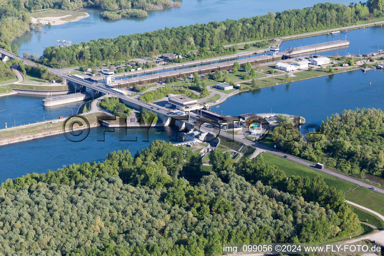 Aerial photograpy of Rhine Lock Iffezheim in Roppenheim in the state Bas-Rhin, France