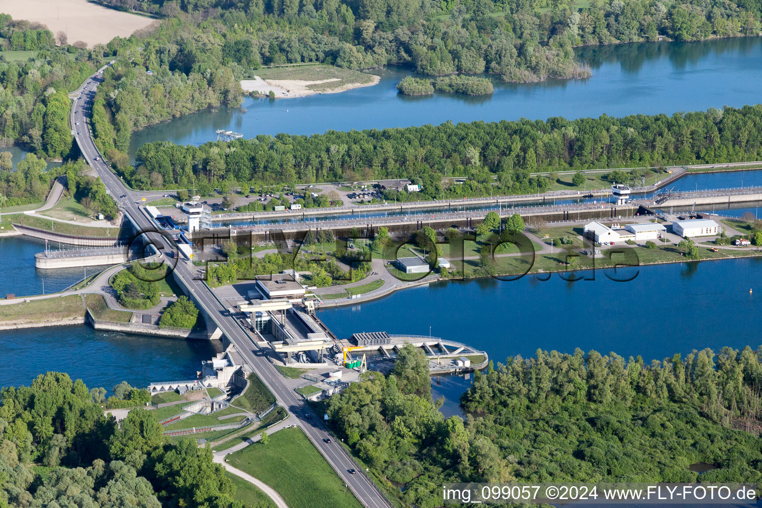 Oblique view of Rhine Lock Iffezheim in Roppenheim in the state Bas-Rhin, France