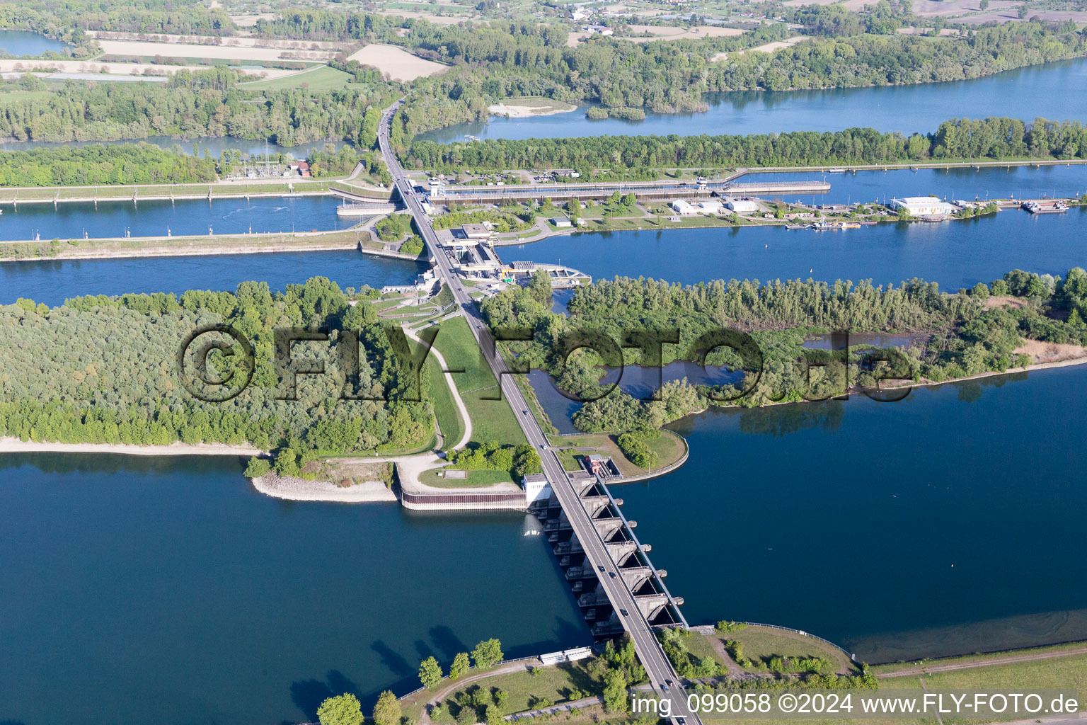 Rhine Lock Iffezheim in Roppenheim in the state Bas-Rhin, France from above