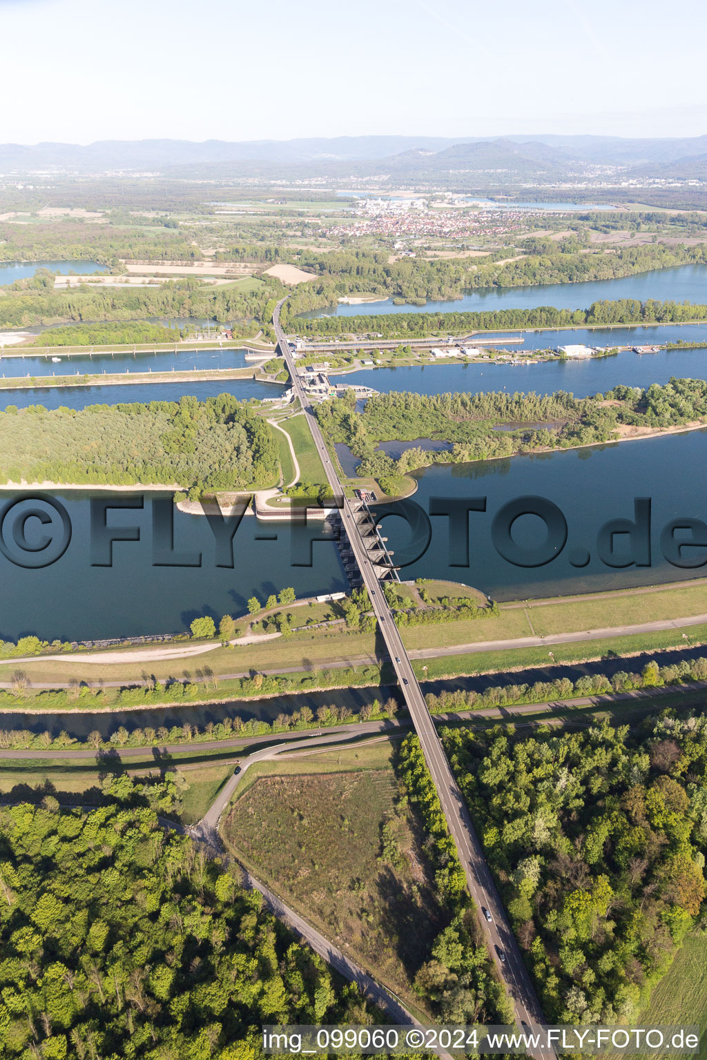 Rhine lock Iffezheim in Roppenheim in the state Bas-Rhin, France out of the air