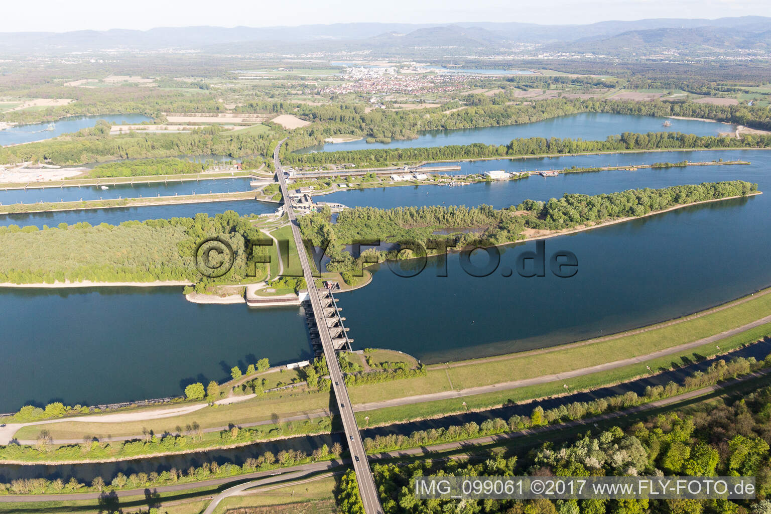 Rhine lock Iffezheim in Roppenheim in the state Bas-Rhin, France seen from above