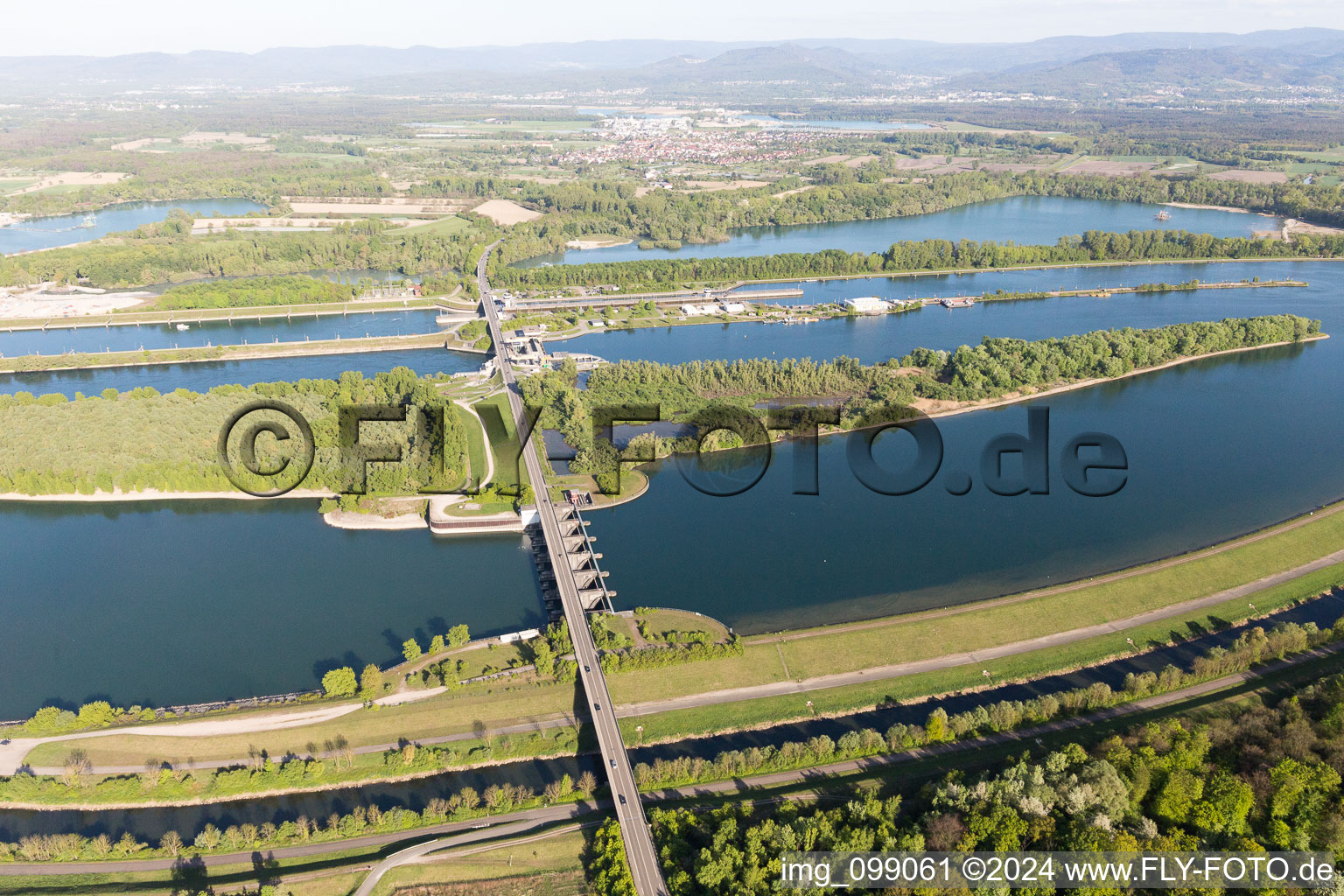 Rhine Lock Iffezheim in Roppenheim in the state Bas-Rhin, France seen from above