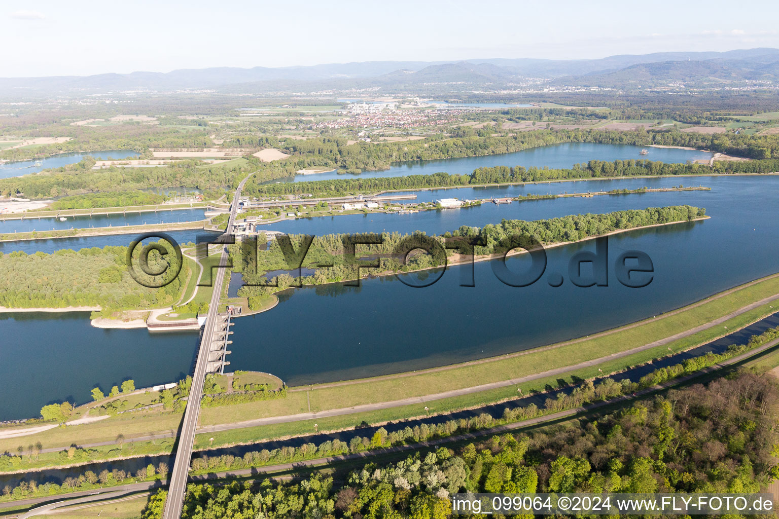 Rhine Lock Iffezheim in Roppenheim in the state Bas-Rhin, France viewn from the air