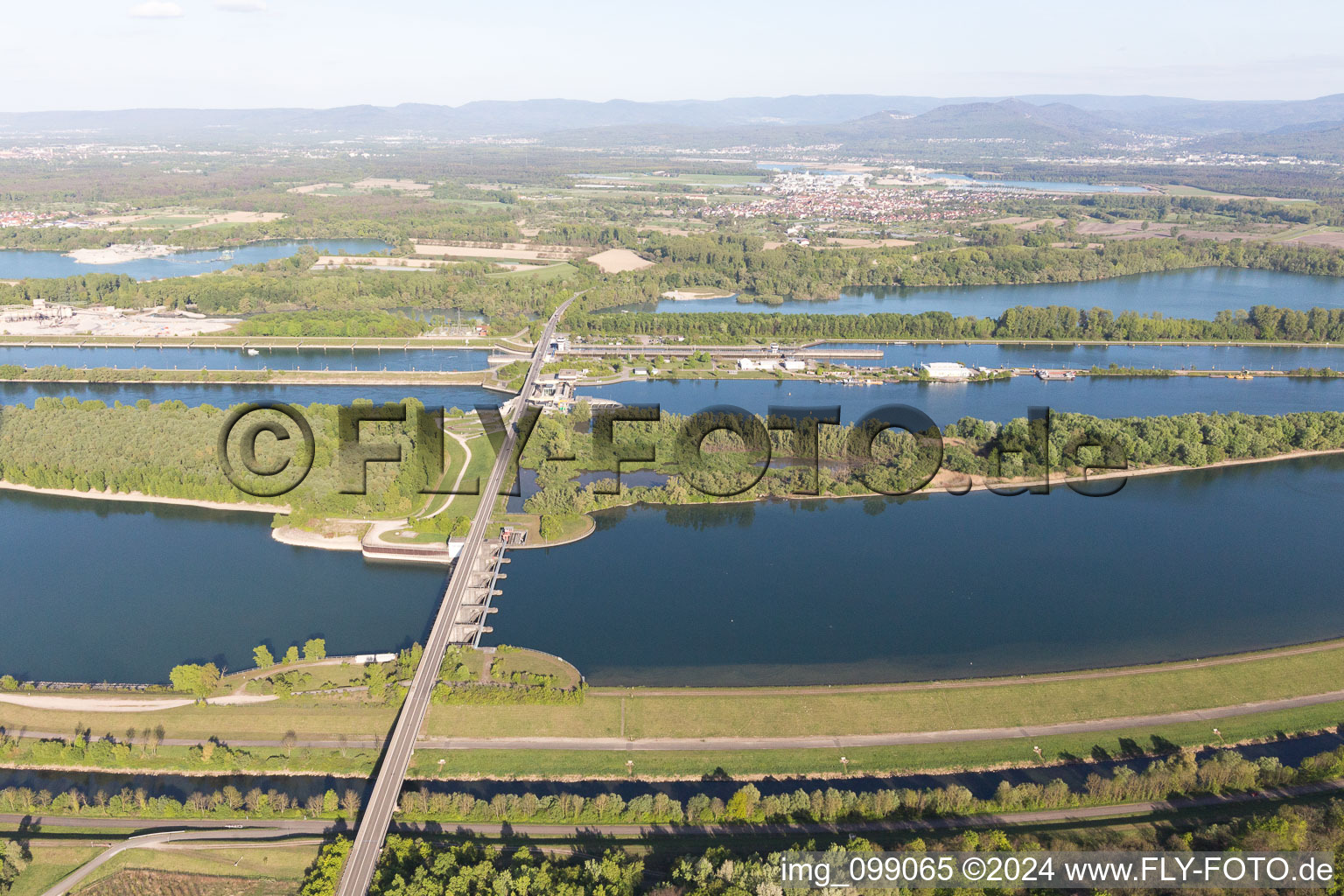 Drone image of Rhine Lock Iffezheim in Roppenheim in the state Bas-Rhin, France