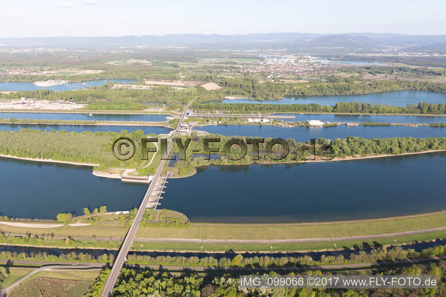 Rhine lock Iffezheim in Roppenheim in the state Bas-Rhin, France from the drone perspective
