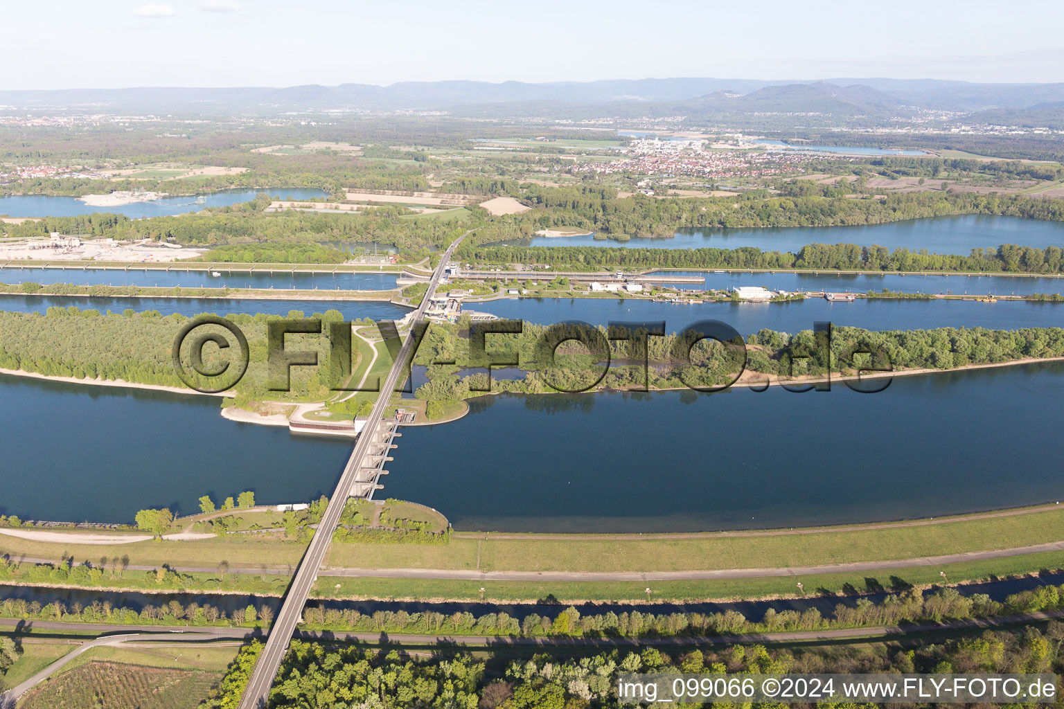 Rhine Lock Iffezheim in Roppenheim in the state Bas-Rhin, France from the drone perspective