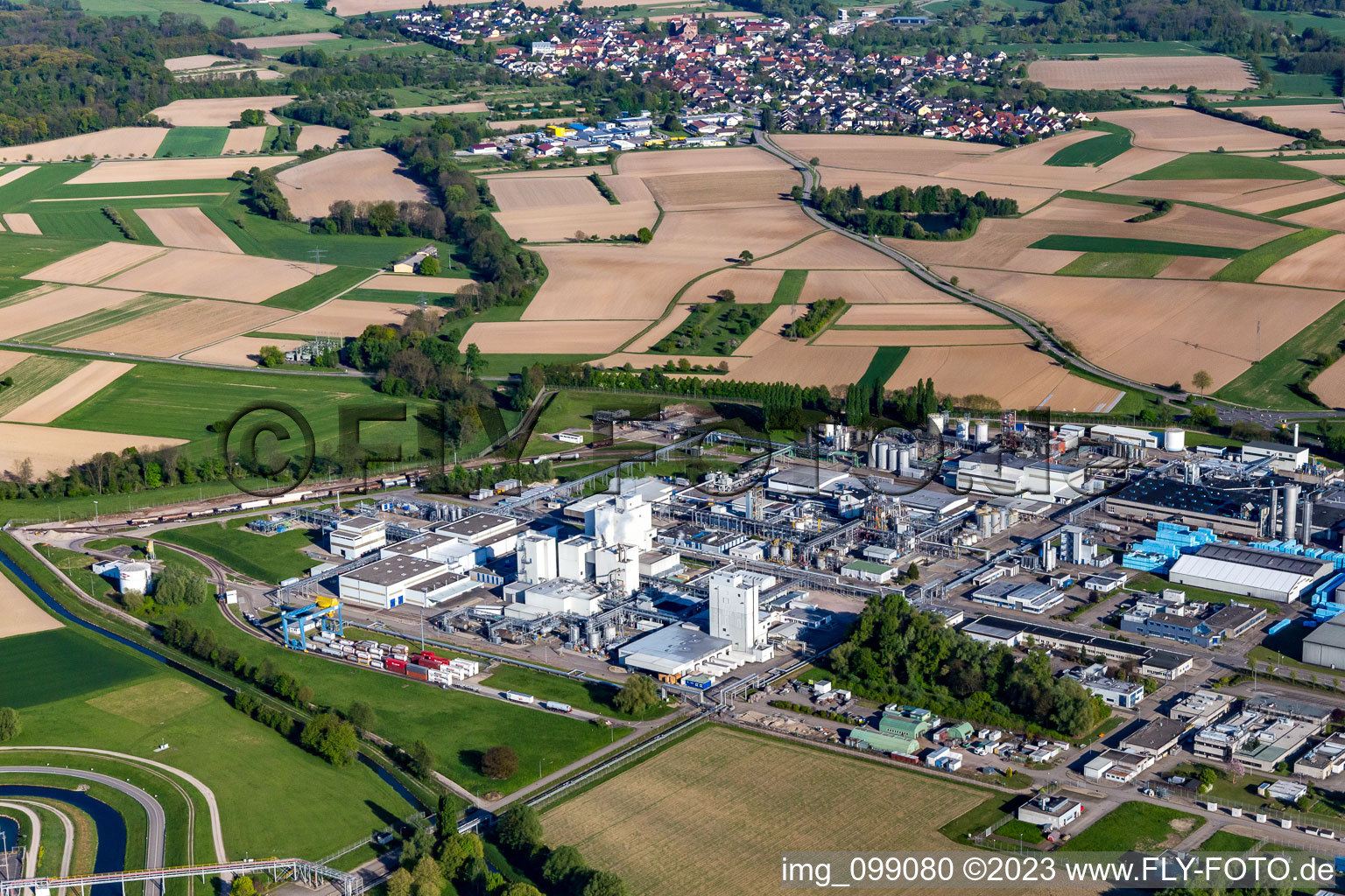 Aerial view of UHU logistics center and Dow MF Production GmbH & Co. Ohg in the district Greffern in Rheinmünster in the state Baden-Wuerttemberg, Germany