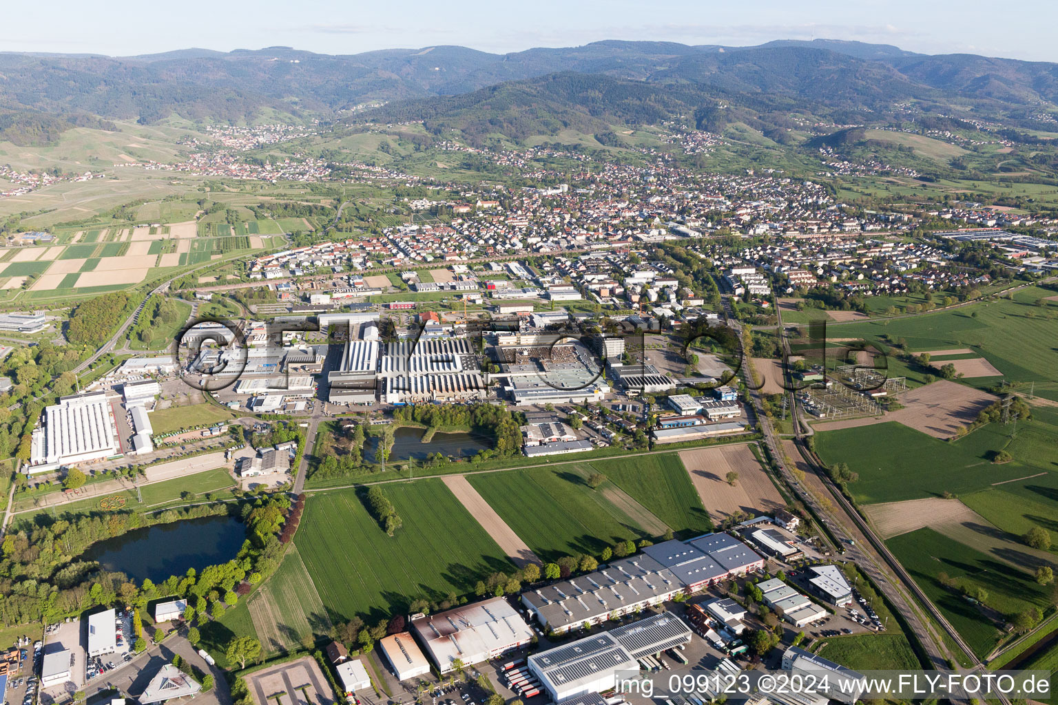 Oblique view of Industrial Area West in the district Vimbuch in Bühl in the state Baden-Wuerttemberg, Germany