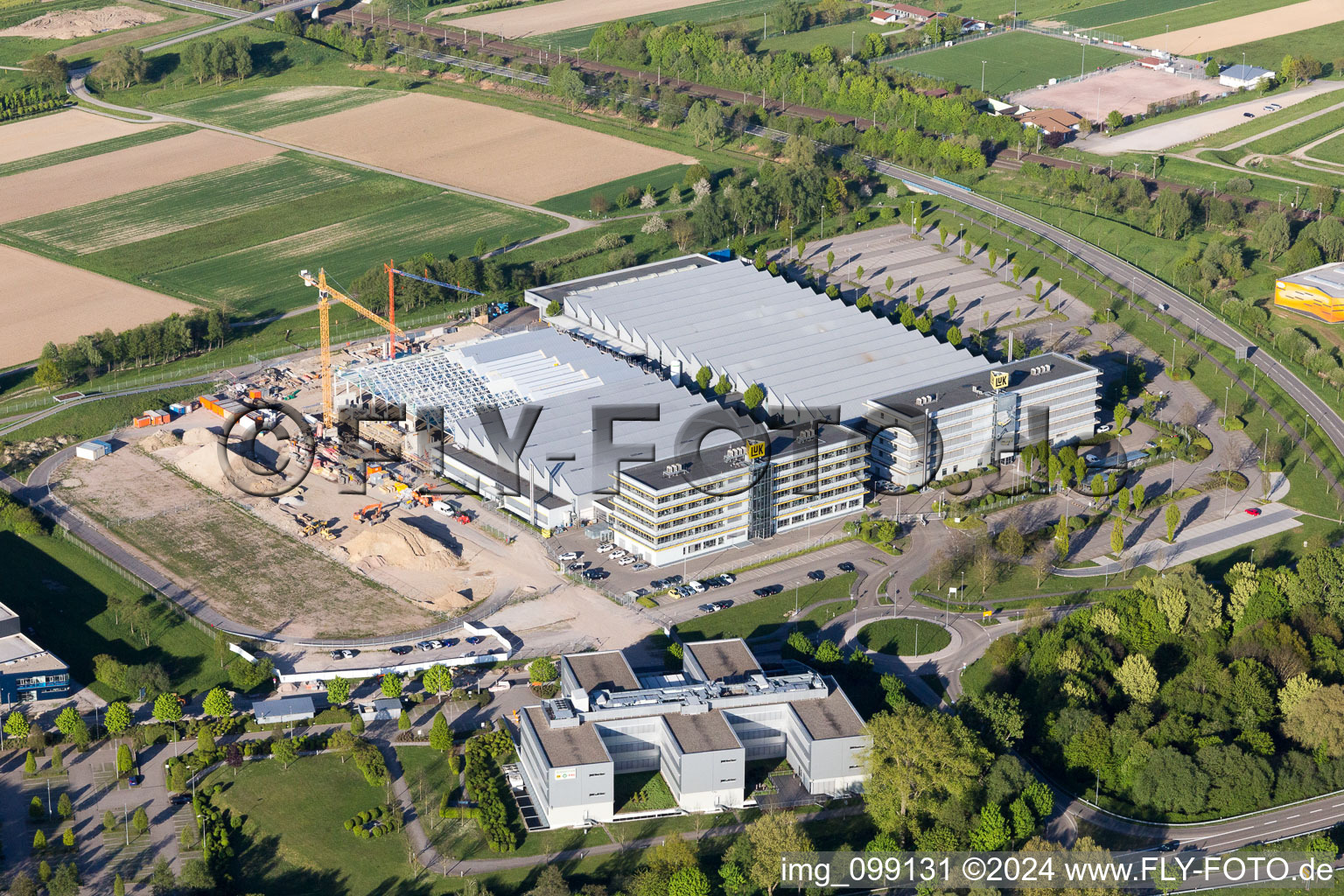 Aerial photograpy of Industrial area Bußmatten Construction site LUK in Bühl in the state Baden-Wuerttemberg, Germany