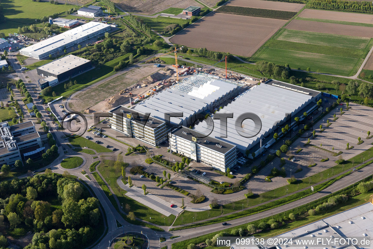 Industrial area Bußmatten Construction site LUK in Bühl in the state Baden-Wuerttemberg, Germany from the plane