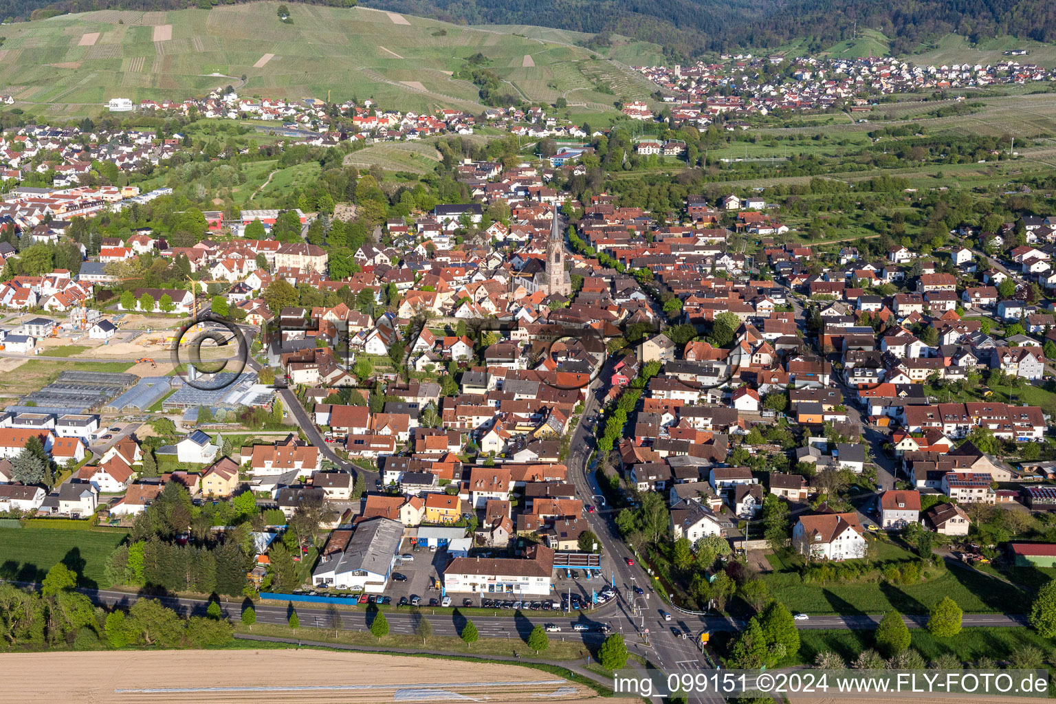 Aerial view of Town View of the streets and houses of the residential areas in Steinbach in the state Baden-Wurttemberg, Germany