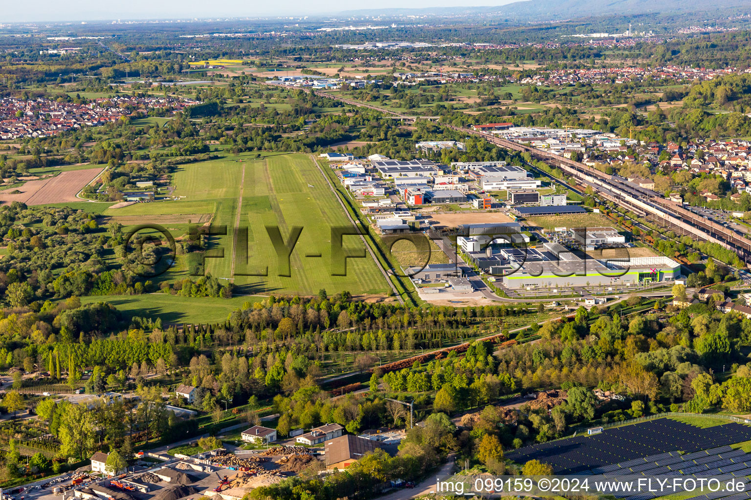 Gliding field on the airfield of Aero-Club Oos and Gewerbegebiet on Flugfeld in the district Oos in Baden-Baden in the state Baden-Wurttemberg, Germany