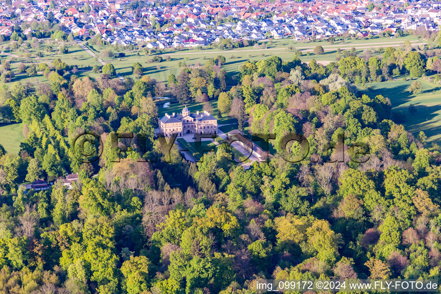 Oblique view of Castle Favorite at Förch in the district Förch in Rastatt in the state Baden-Wuerttemberg, Germany