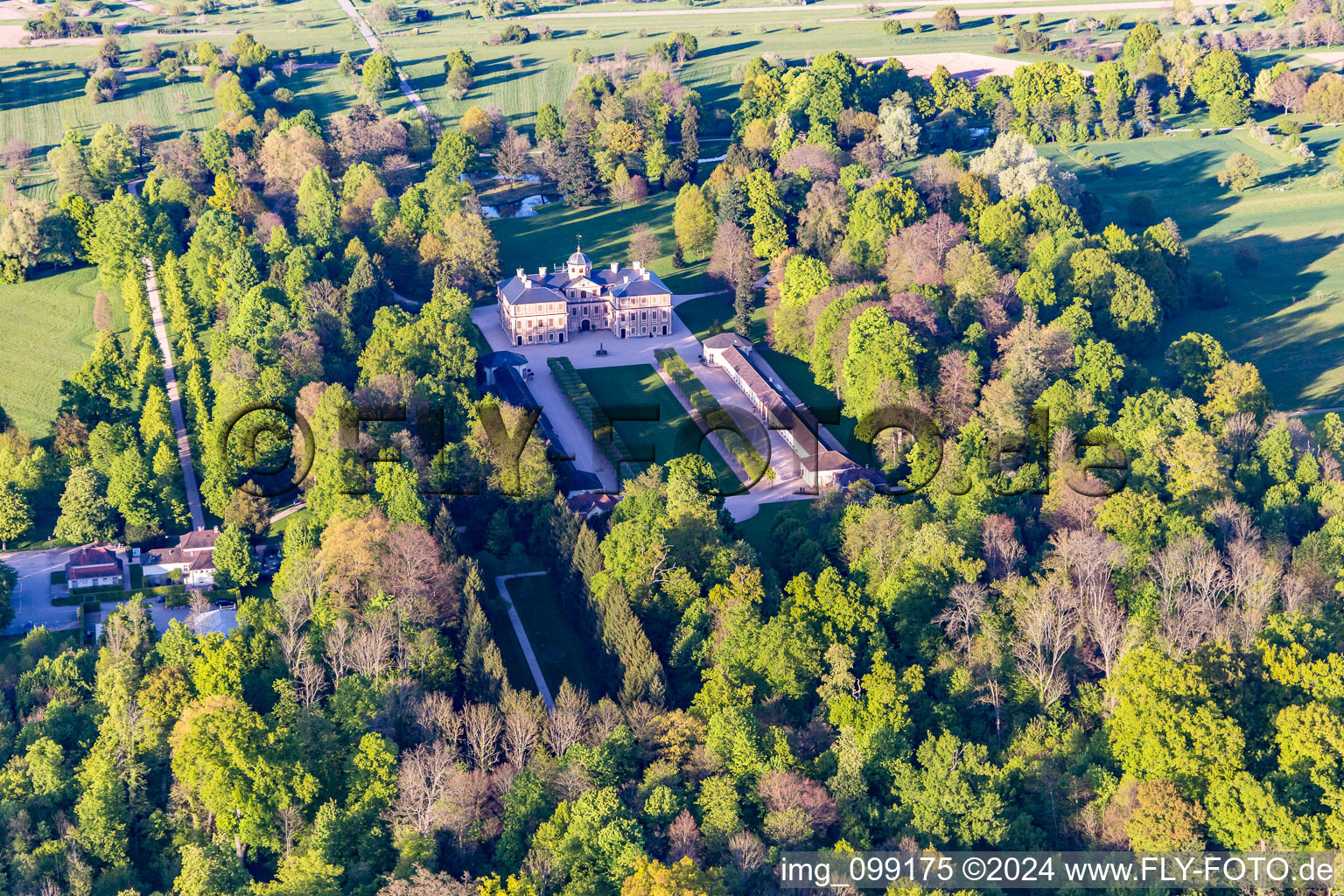 Castle Favorite at Förch in the district Förch in Rastatt in the state Baden-Wuerttemberg, Germany from above