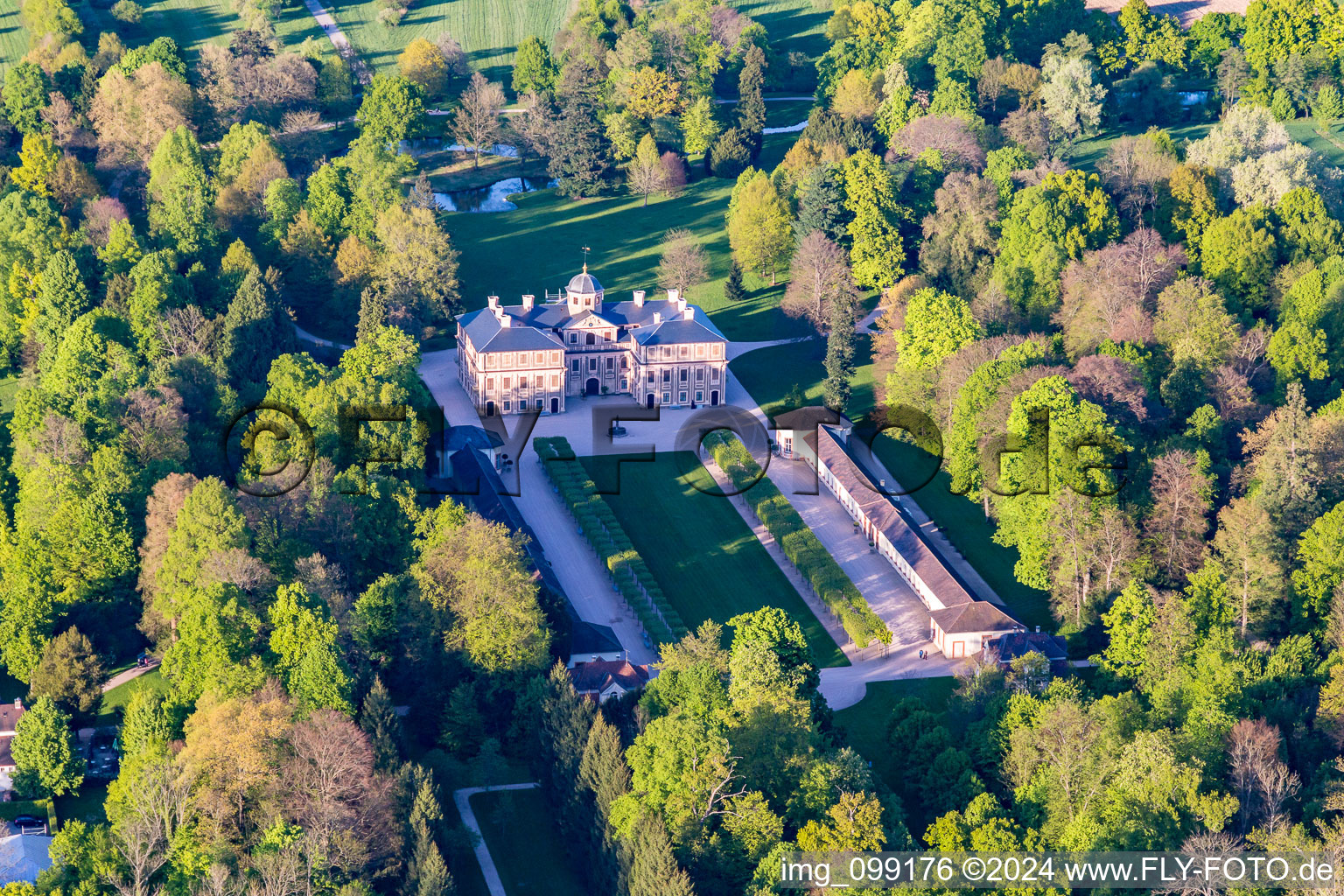 Aerial photograpy of Building complex in the park of the castle Favorite in Rastatt in the state Baden-Wurttemberg, Germany