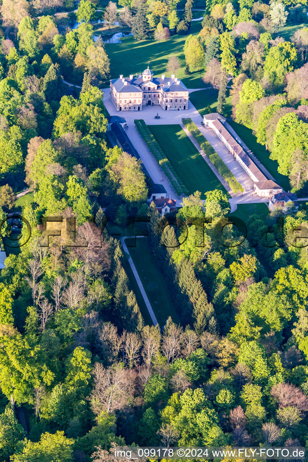 Castle Favorite at Förch in the district Förch in Rastatt in the state Baden-Wuerttemberg, Germany seen from above