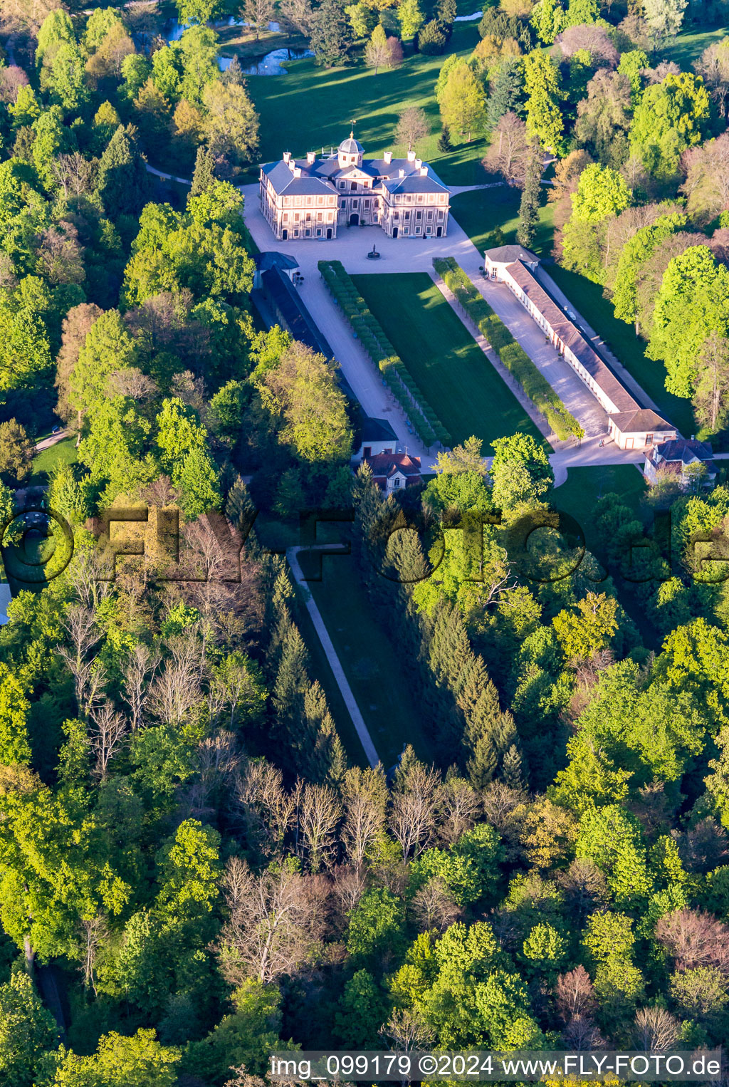 Castle Favorite at Förch in the district Förch in Rastatt in the state Baden-Wuerttemberg, Germany from the plane