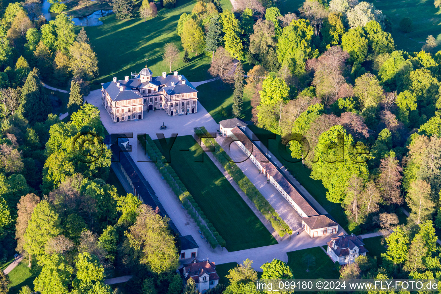 Oblique view of Building complex in the park of the castle Favorite in Rastatt in the state Baden-Wurttemberg, Germany