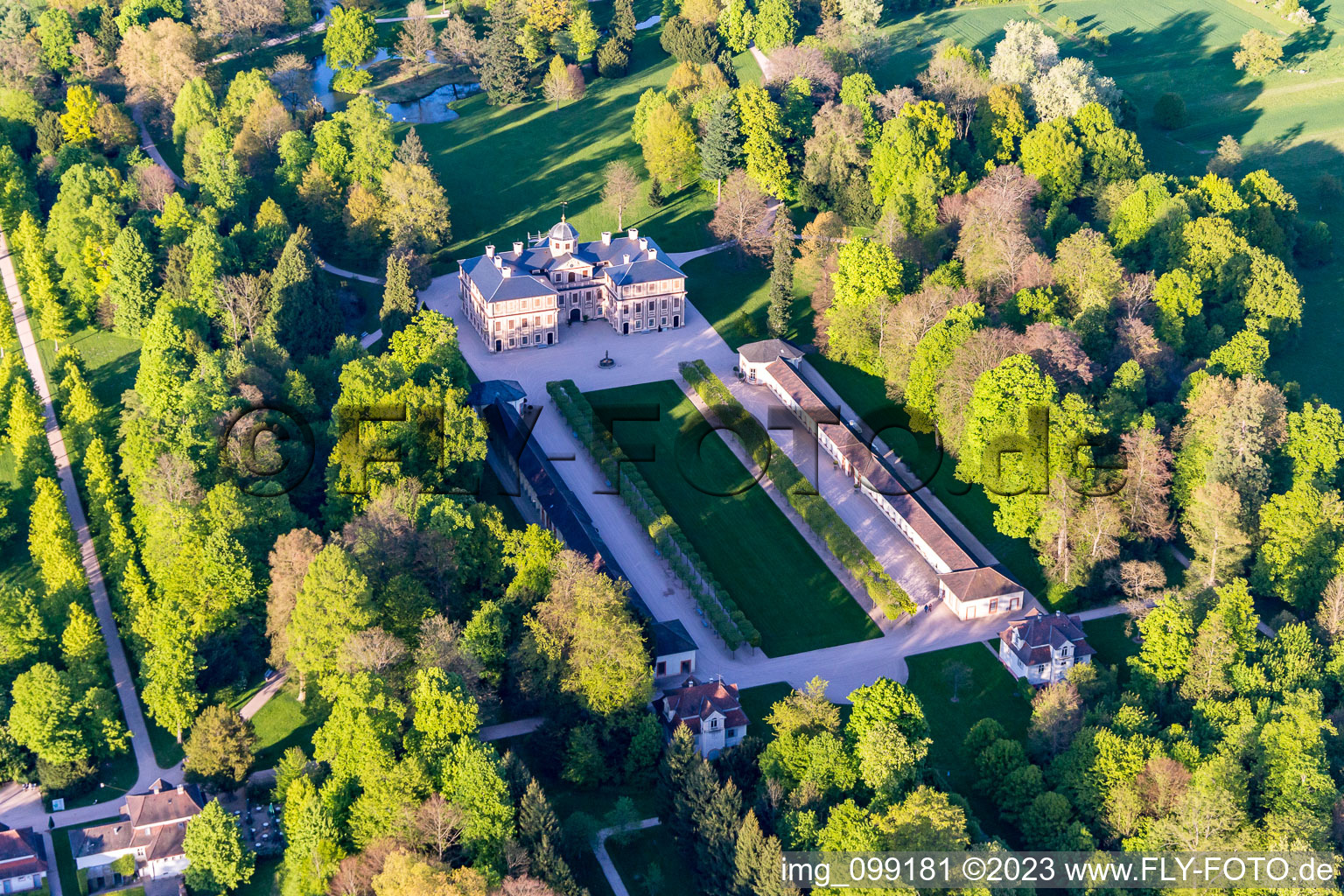 Building complex in the park of the castle Favorite in Rastatt in the state Baden-Wurttemberg, Germany from above