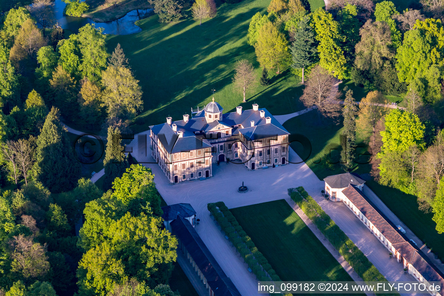 Bird's eye view of Castle Favorite at Förch in the district Förch in Rastatt in the state Baden-Wuerttemberg, Germany