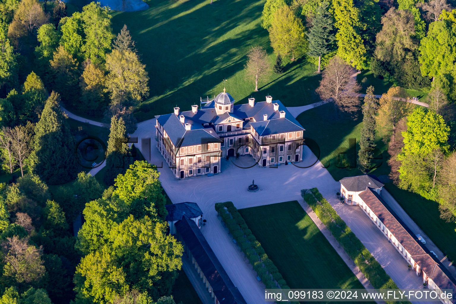 Castle Favorite at Förch in the district Förch in Rastatt in the state Baden-Wuerttemberg, Germany viewn from the air