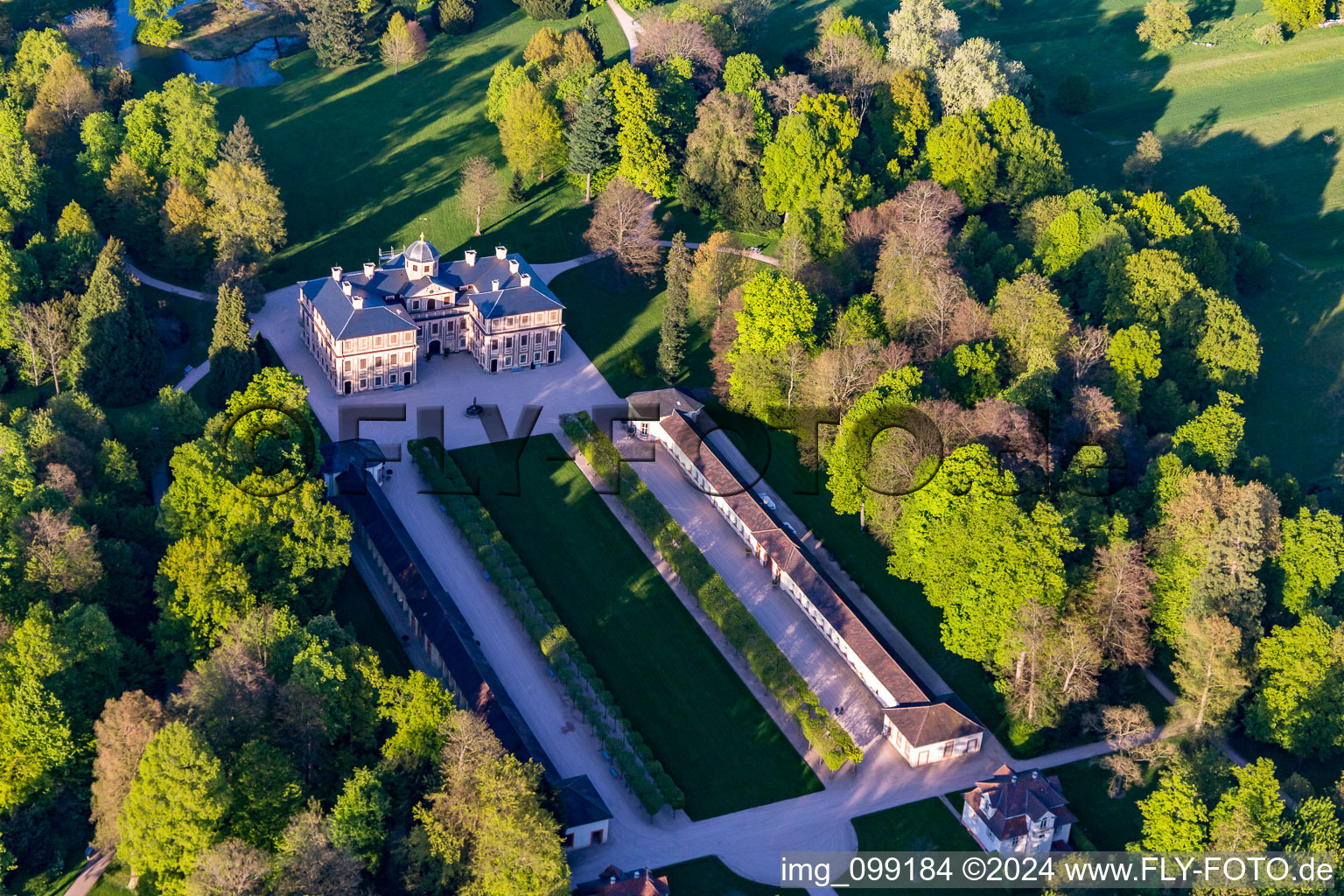 Drone recording of Castle Favorite at Förch in the district Förch in Rastatt in the state Baden-Wuerttemberg, Germany