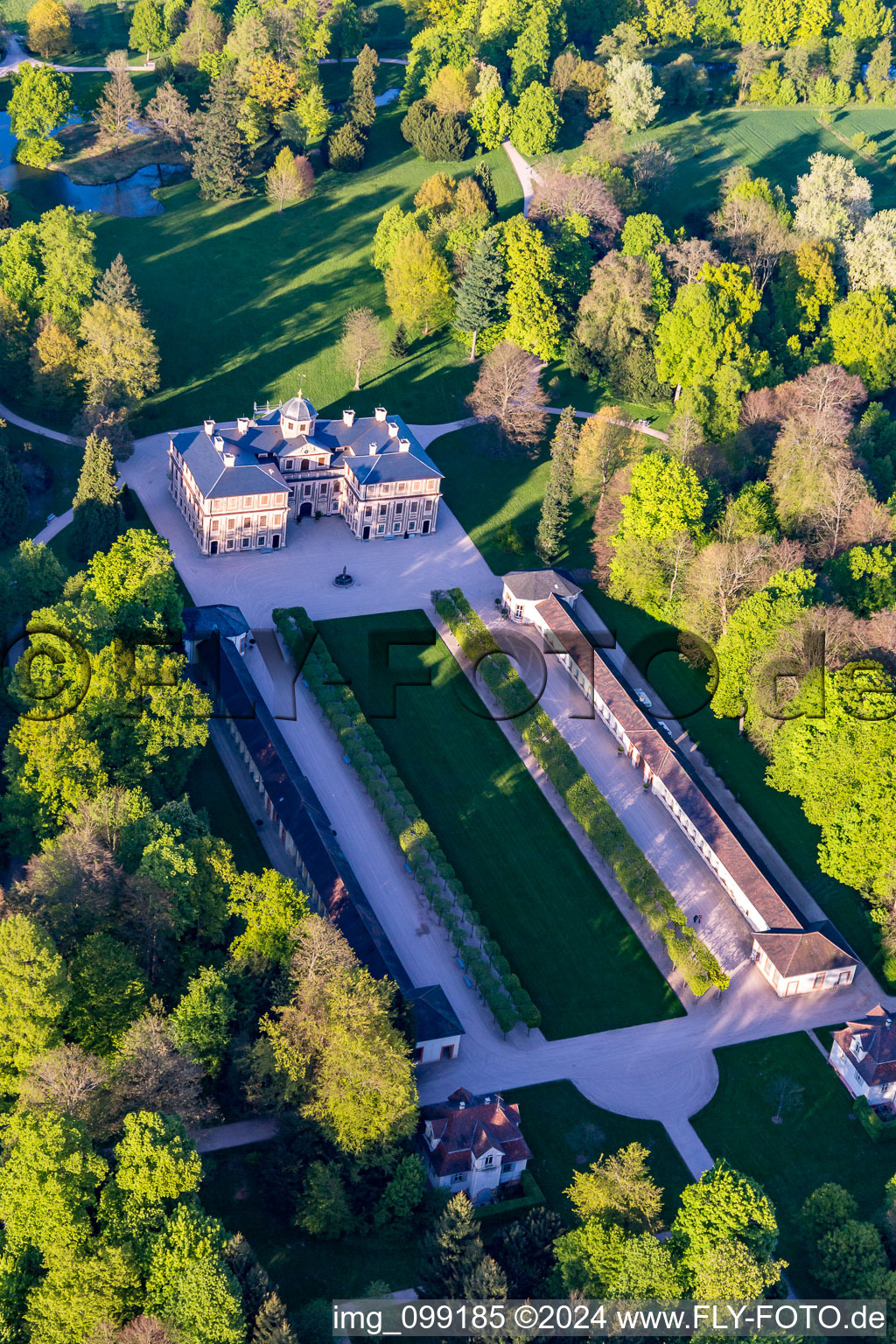 Drone image of Castle Favorite at Förch in the district Förch in Rastatt in the state Baden-Wuerttemberg, Germany