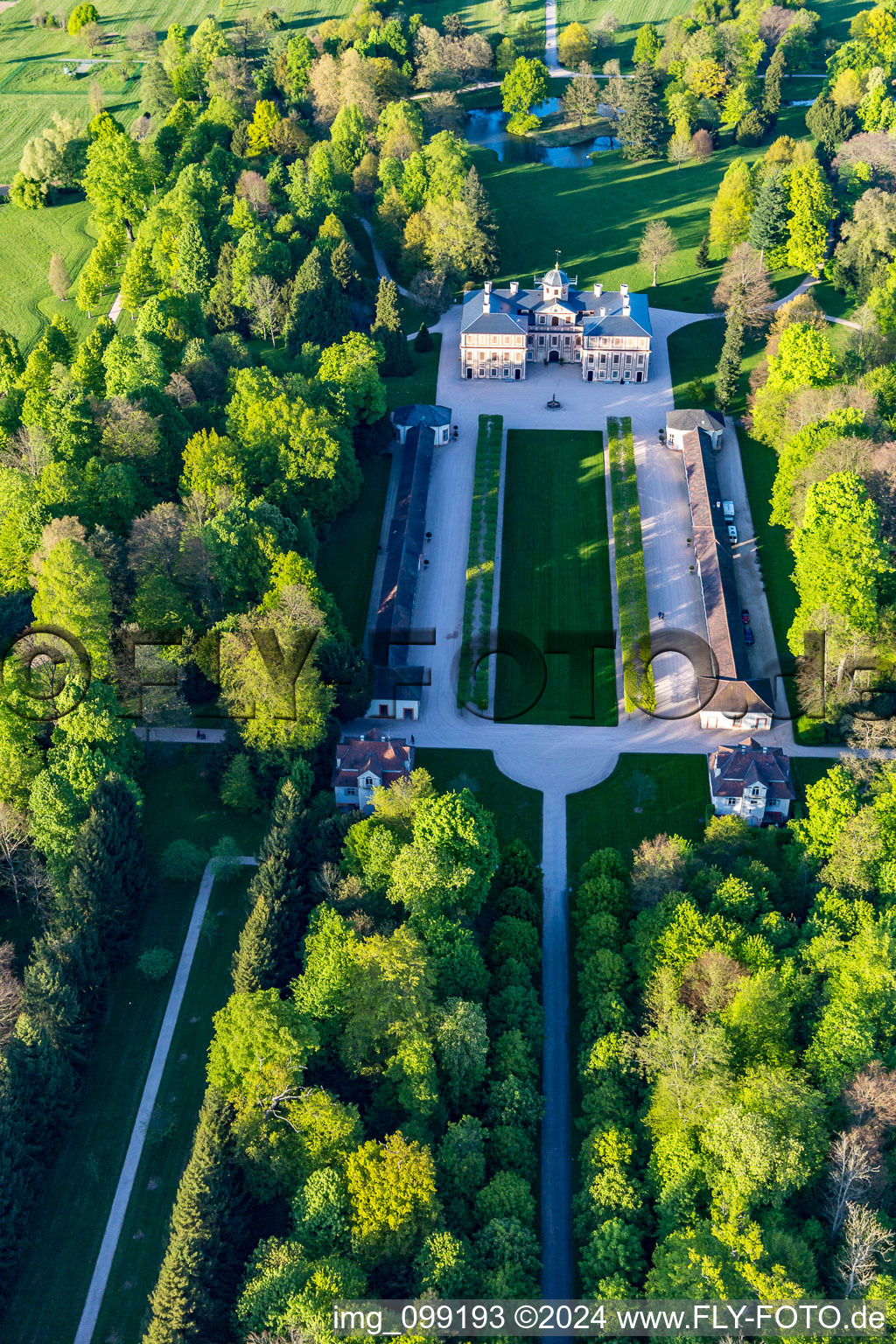 Castle Favorite at Förch in the district Förch in Rastatt in the state Baden-Wuerttemberg, Germany seen from a drone