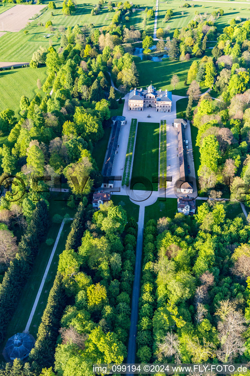 Aerial view of Castle Favorite at Förch in the district Förch in Rastatt in the state Baden-Wuerttemberg, Germany