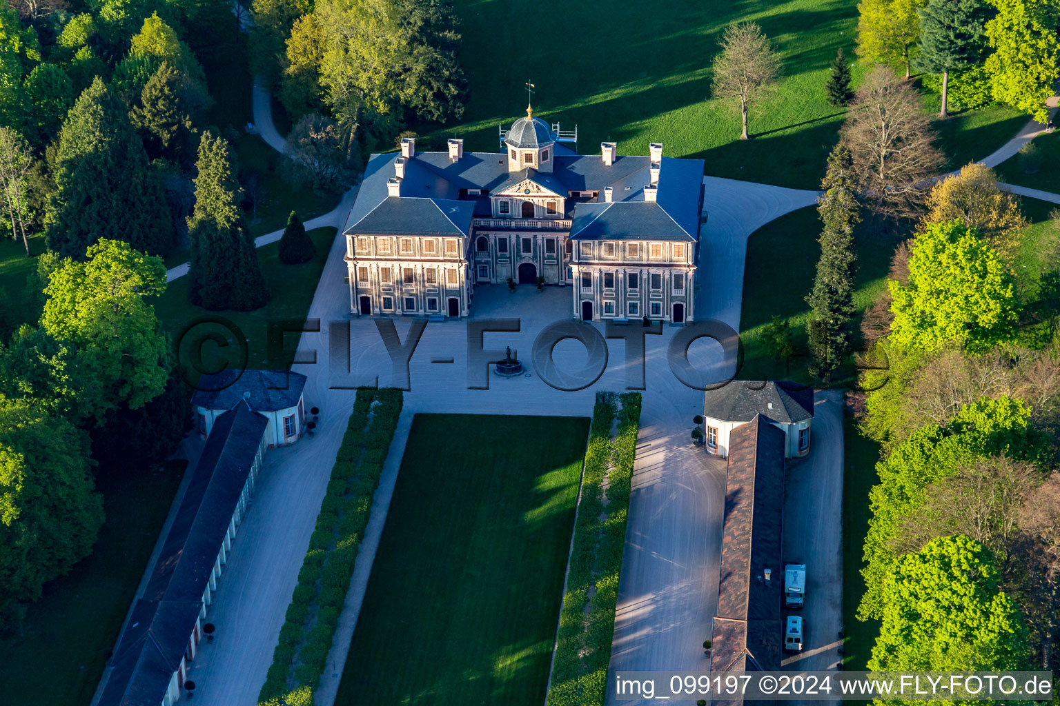 Oblique view of Castle Favorite at Förch in the district Förch in Rastatt in the state Baden-Wuerttemberg, Germany