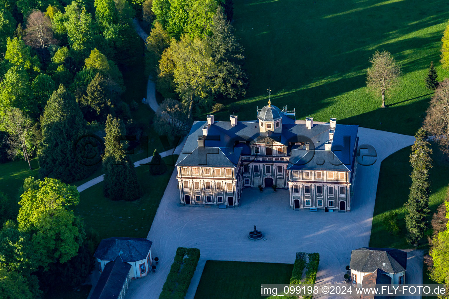 Castle Favorite at Förch in the district Förch in Rastatt in the state Baden-Wuerttemberg, Germany from above