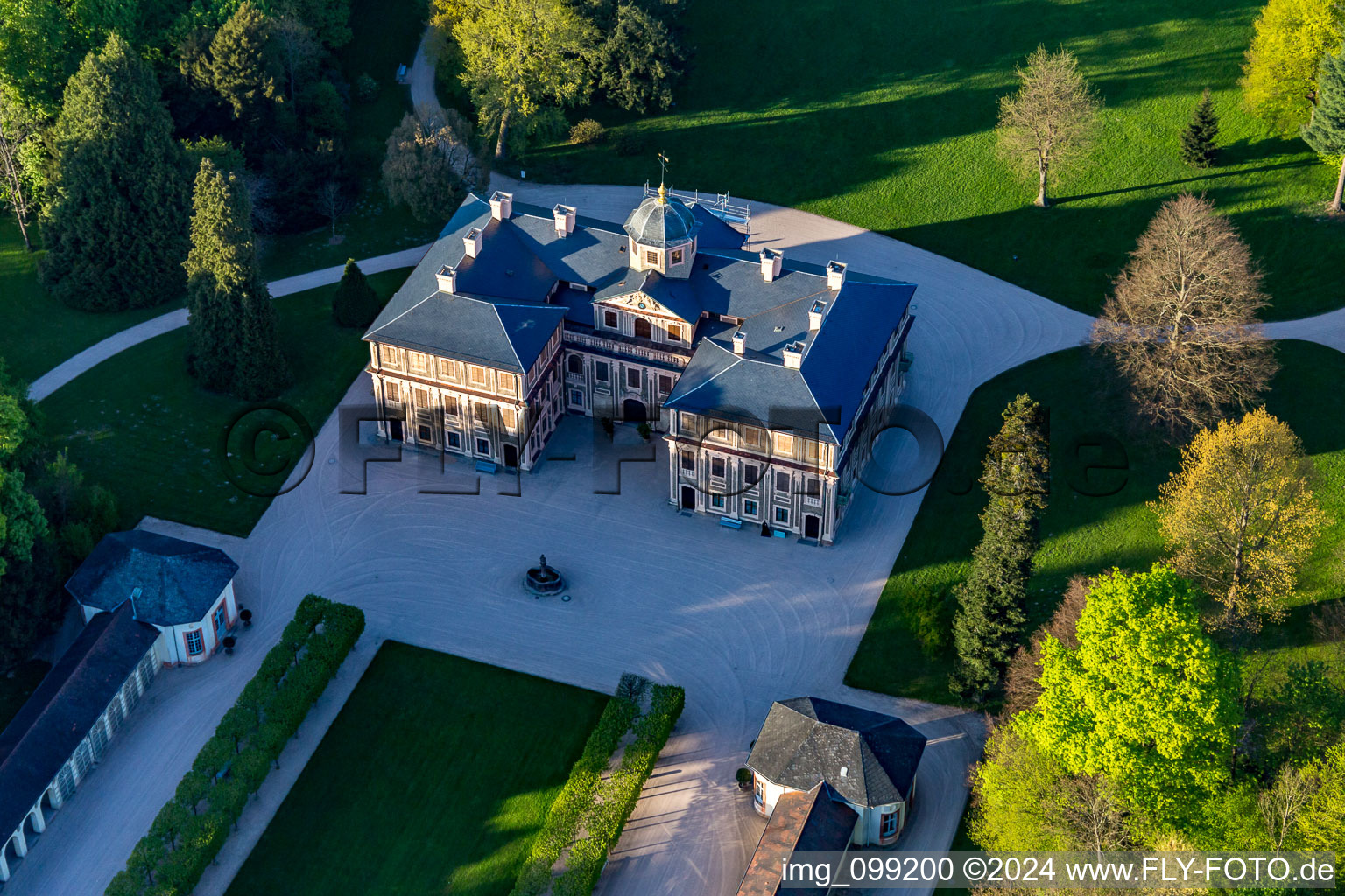 Castle Favorite at Förch in the district Förch in Rastatt in the state Baden-Wuerttemberg, Germany seen from above